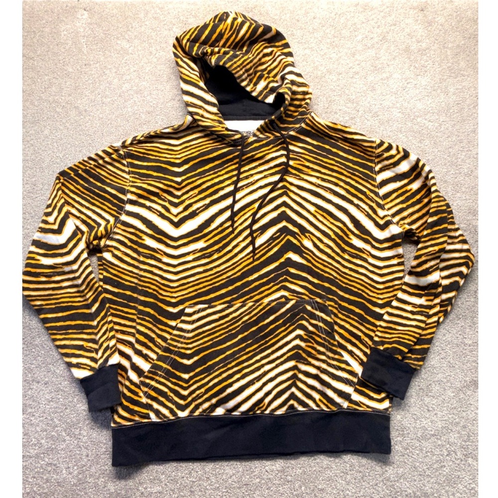 Zubaz Small Yellow Black Zebra Stripe Pullover Hoodie Sweatshirt